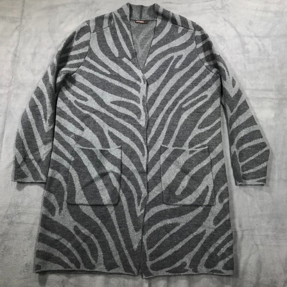 J Mclaughlin Hallie Cardigan Sweater Womens Large Zebra Gray Wool Blend Jacquard